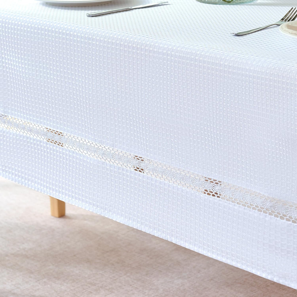 Heavy Duty Waffle Weave Jacquard Fabric Tablecloth with White Lace,Waterproof and Stain-Resistant Ta