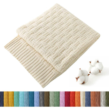 100% Cotton Knitted Throw Blanket 50 x 60 Inches, Ivory White
