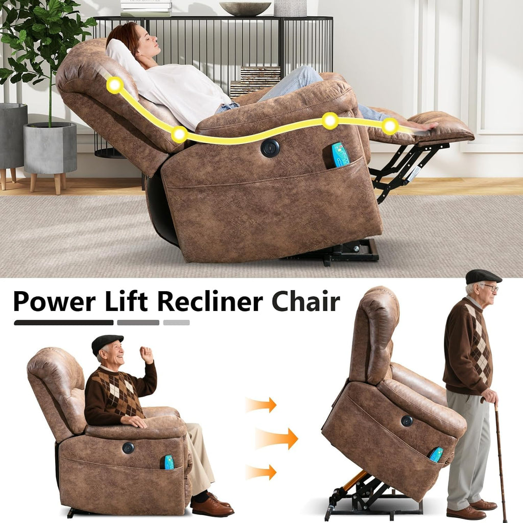Oversized Power Lift Recliner with Massage and Heat for Elderly, Faux Leather Electric Lifting Reclining Chair with