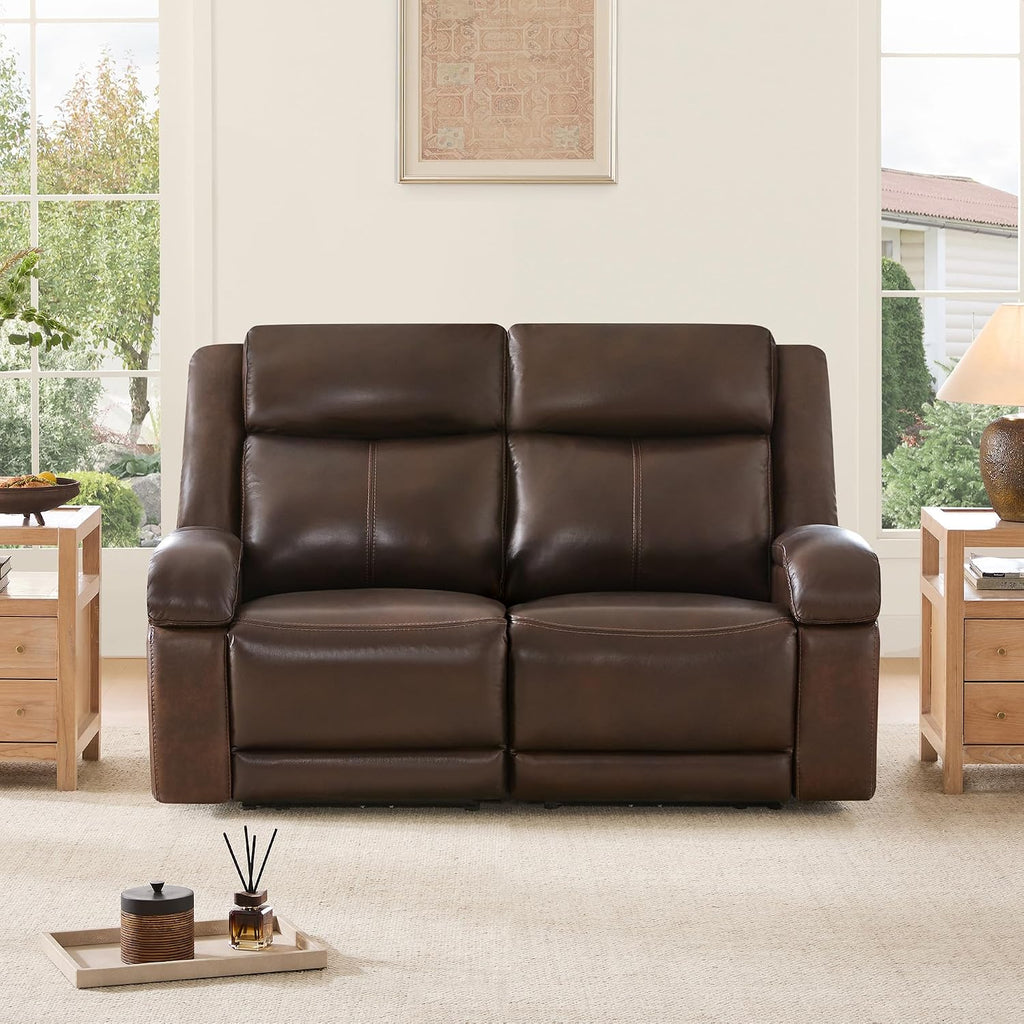 Genuine Leather Power Loveseat Recliner Sofa, 2 Seat Wall Hugger Reclining Sofa with Power Headrest & Charging Ports