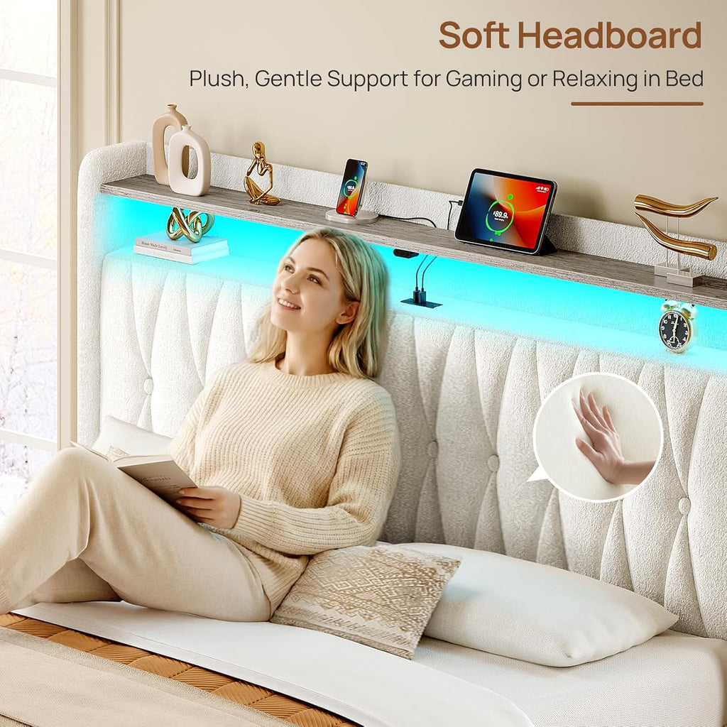 Full Bed Frame with Drawers, Storage Headboard with Charging Station and LED Lights
