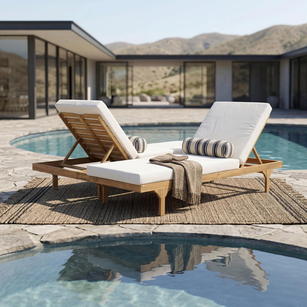 Acacia Wood Chaise Lounge Chair Set of 2, Double/Single Outdoor Sunbathing Pool Lounger with 4'' Cushion, Patio