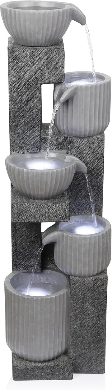 40" Tall Outdoor 5 Tiered Pot Decorative Waterfall Floor Fountain with LED Lights, Perfect for Patios, Yards
