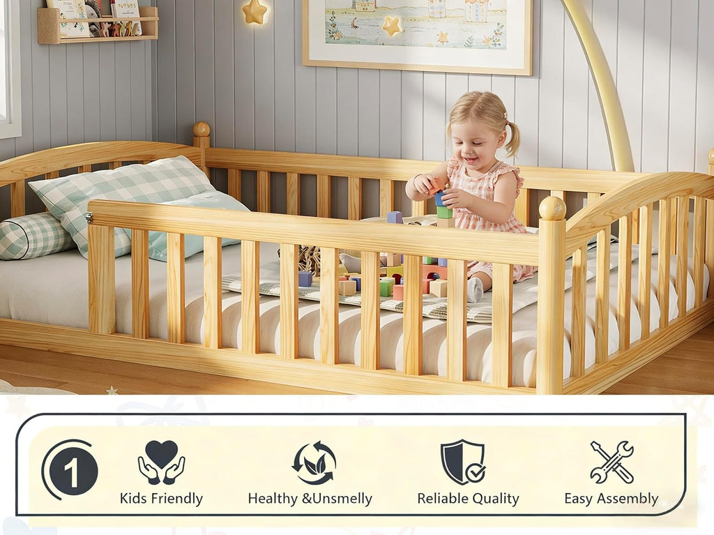 Twin Size Montessori Floor Bed with Door and Safety Guardrail, Solid Wood Low Profile Bed Frame with Slats, Easy