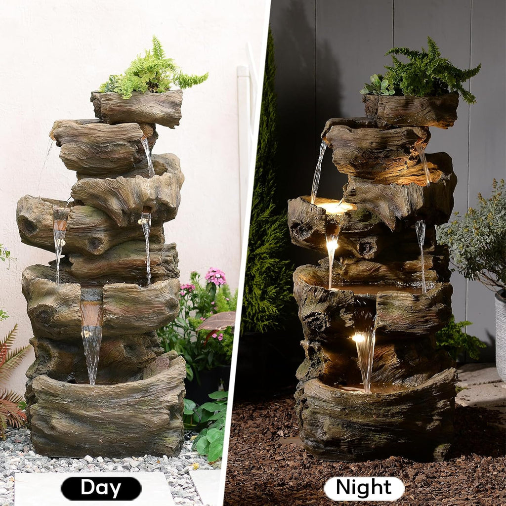 40" H Outdoor Water Fountain with 5 Tiers Large Cascading Realistic Tree Trunk Waterfall Fountains with LED Lights