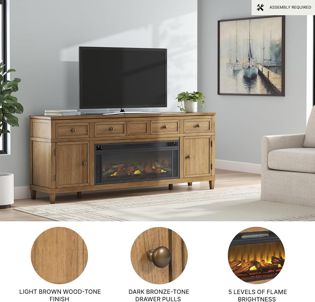 81" TV Stand with Electric Fireplace for TVs up to 93", Light Brown