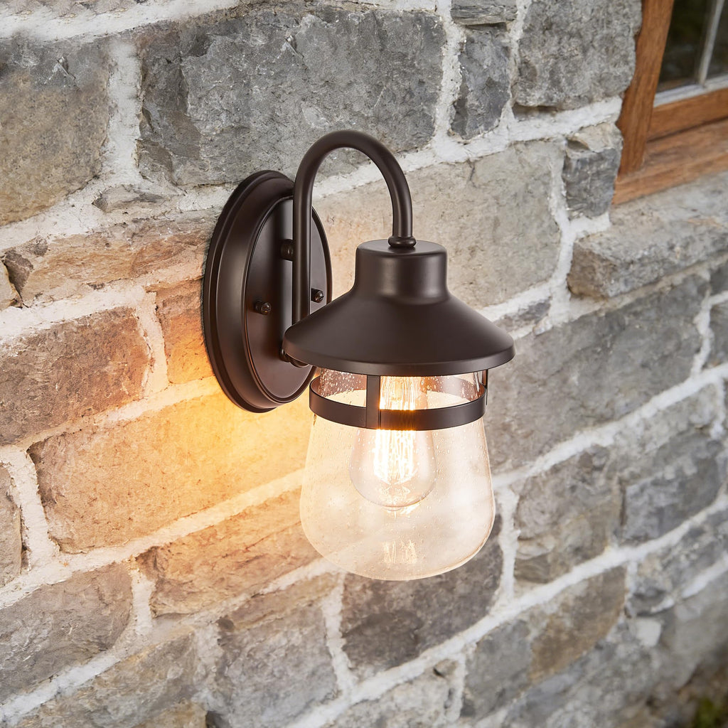 Outdoor Wall Sconce with Clear Seeded Glass Shade, Waterproof Exterior Fixture in Oil Rubbed Bronze Finish, Suit for