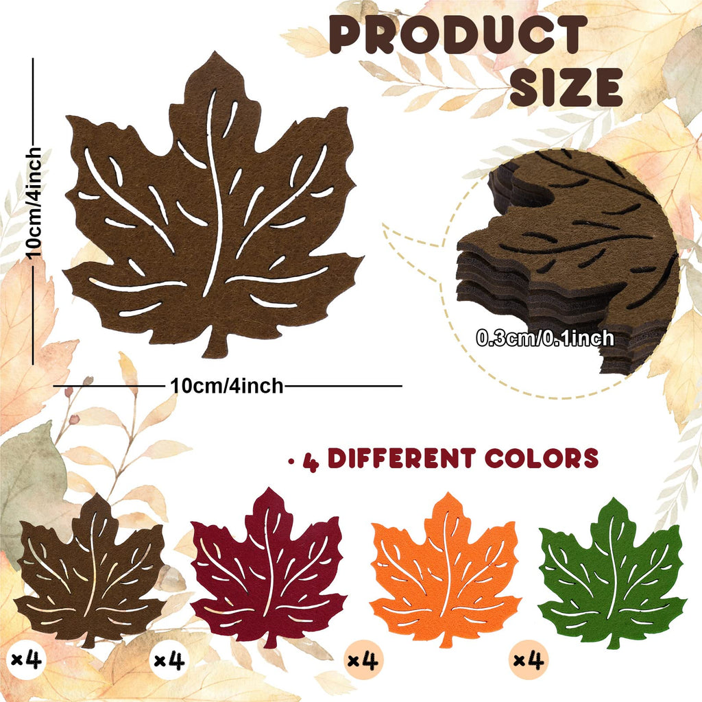 16Pcs Fall Maple Leaf Coasters Thanksgiving Felt Drink Coaster Orange Green Brown Non-Slip Heat-Resistant Cup Mat for