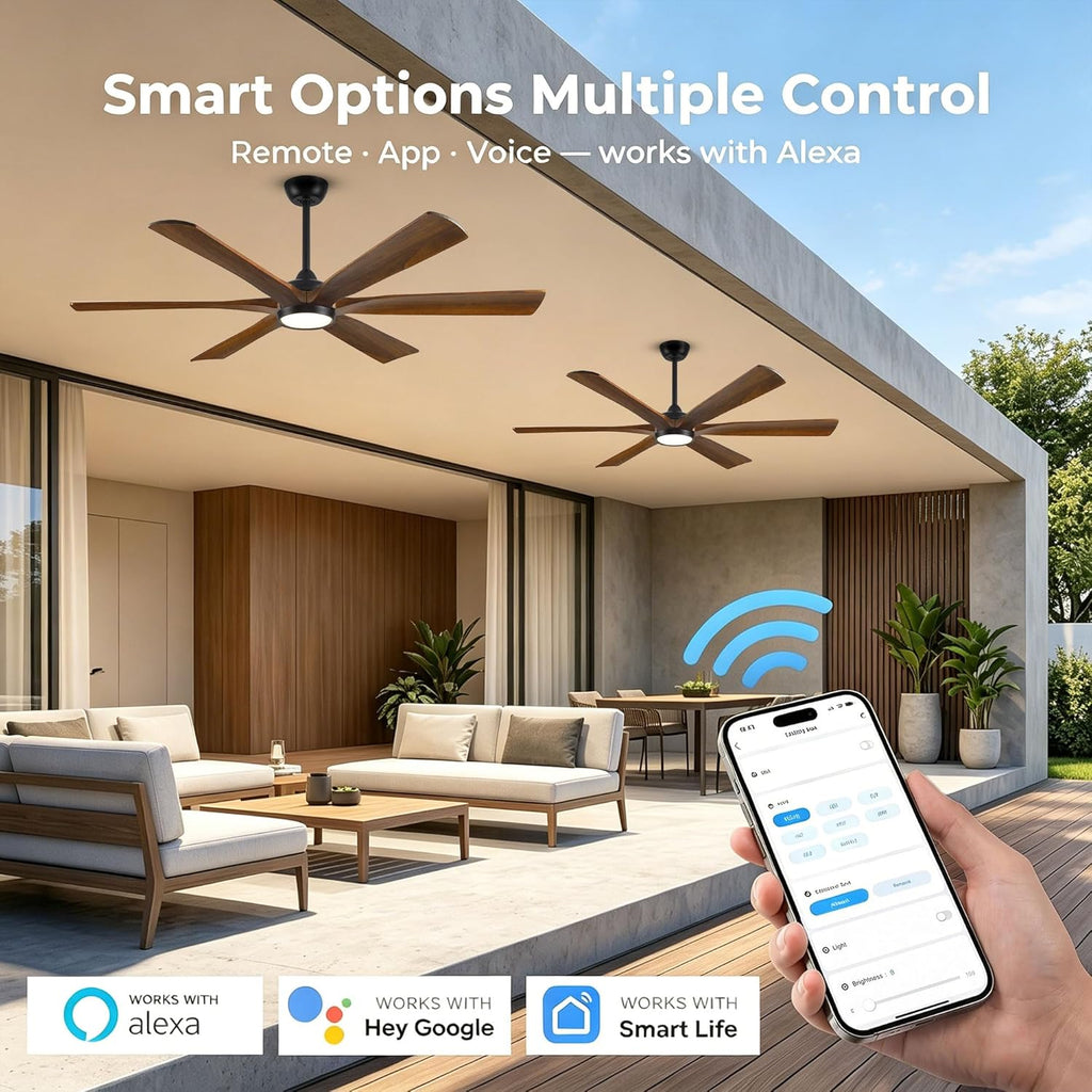 60 Inch Smart Outdoor Ceiling Fan with Lights for Patios, High CFM, Damp Rated 6 Walnut Wood Blades
