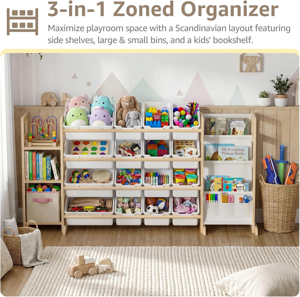 Large Toy Storage Organizer with Bookshelf - 3 Shelves and 12 Bins Kids Solid Pine Wood Toy Organizer with 3 Tier