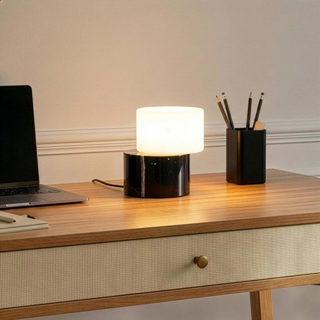Zigzag Desk Lamp - Small Dimmable LED Black Marble Table Lamp, Rotatable Frosted Glass Shade