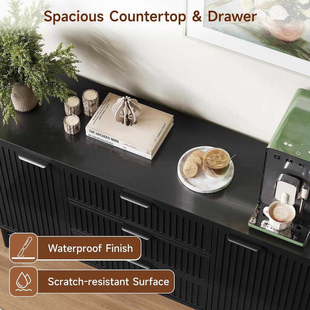 Kitchen Buffet Cabinet with Dual Door Shelves & 3 Drawers, Fluted Sideboard | Large Credenza Storage Cabinets Wood