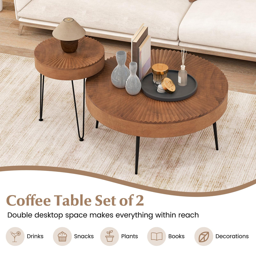 Boho Round Coffee Set of 2, Sofa Side Nesting with Solid Pine Wood Top, Metal Legs & Adjustable Foot Pads, 31.5" D
