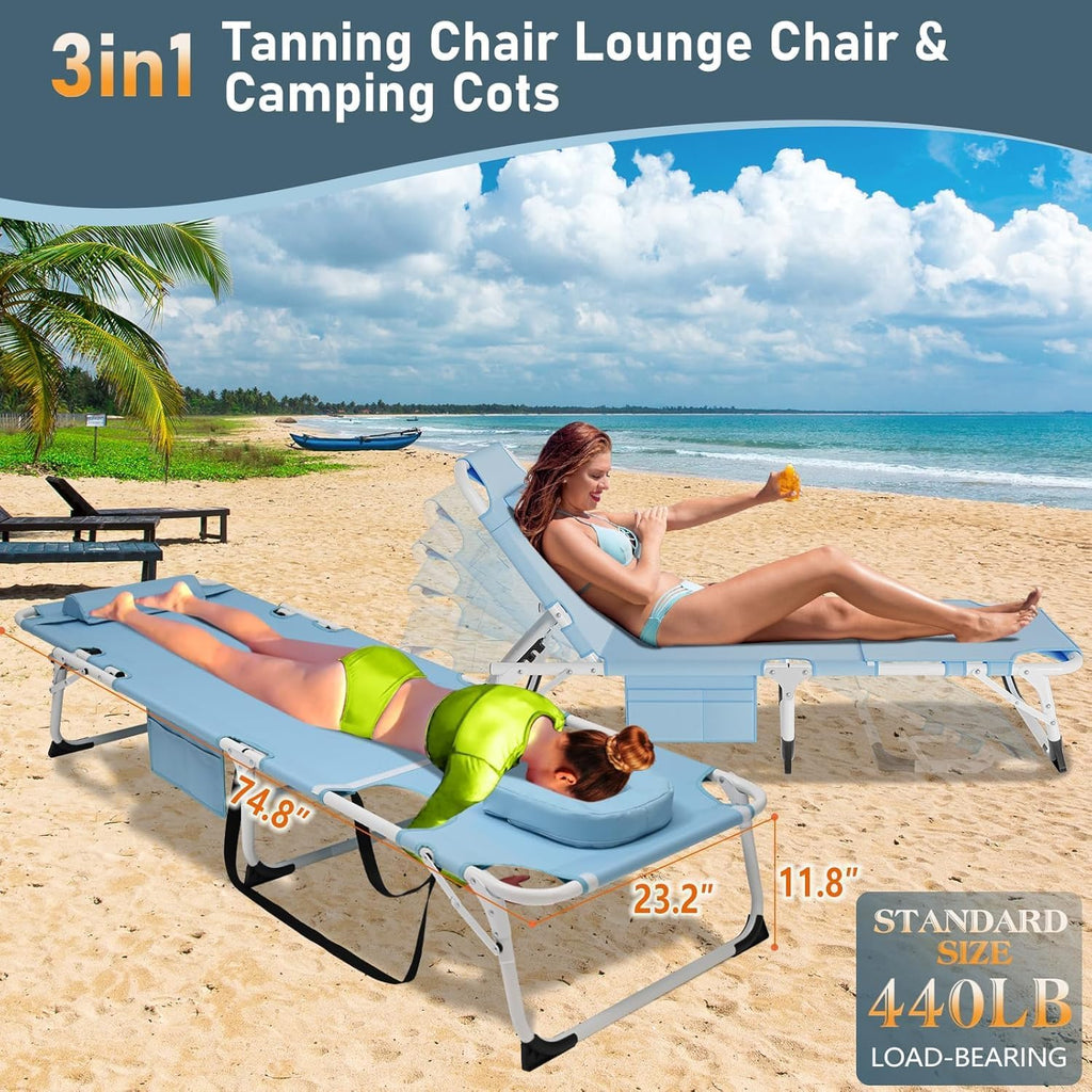 Folding Lounge Chair with Face Opening - Adjustable Outdoor Reclining Tanning Chair with Mattress, Heavy-Duty Sun