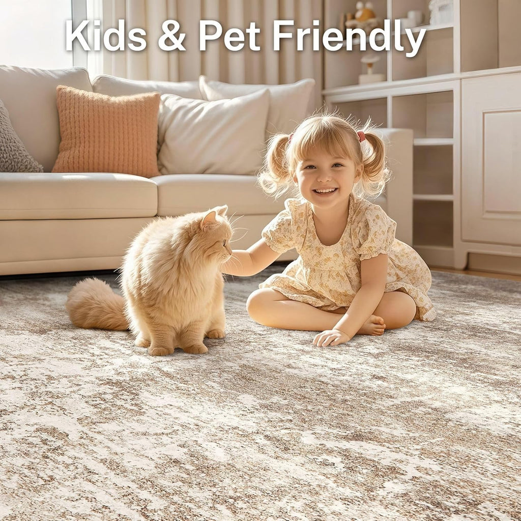 8ft Round Area Rug - 8X8 Abstract Washable Large Soft Foldable Non Slip Rug Neutral Modern Low Pile 