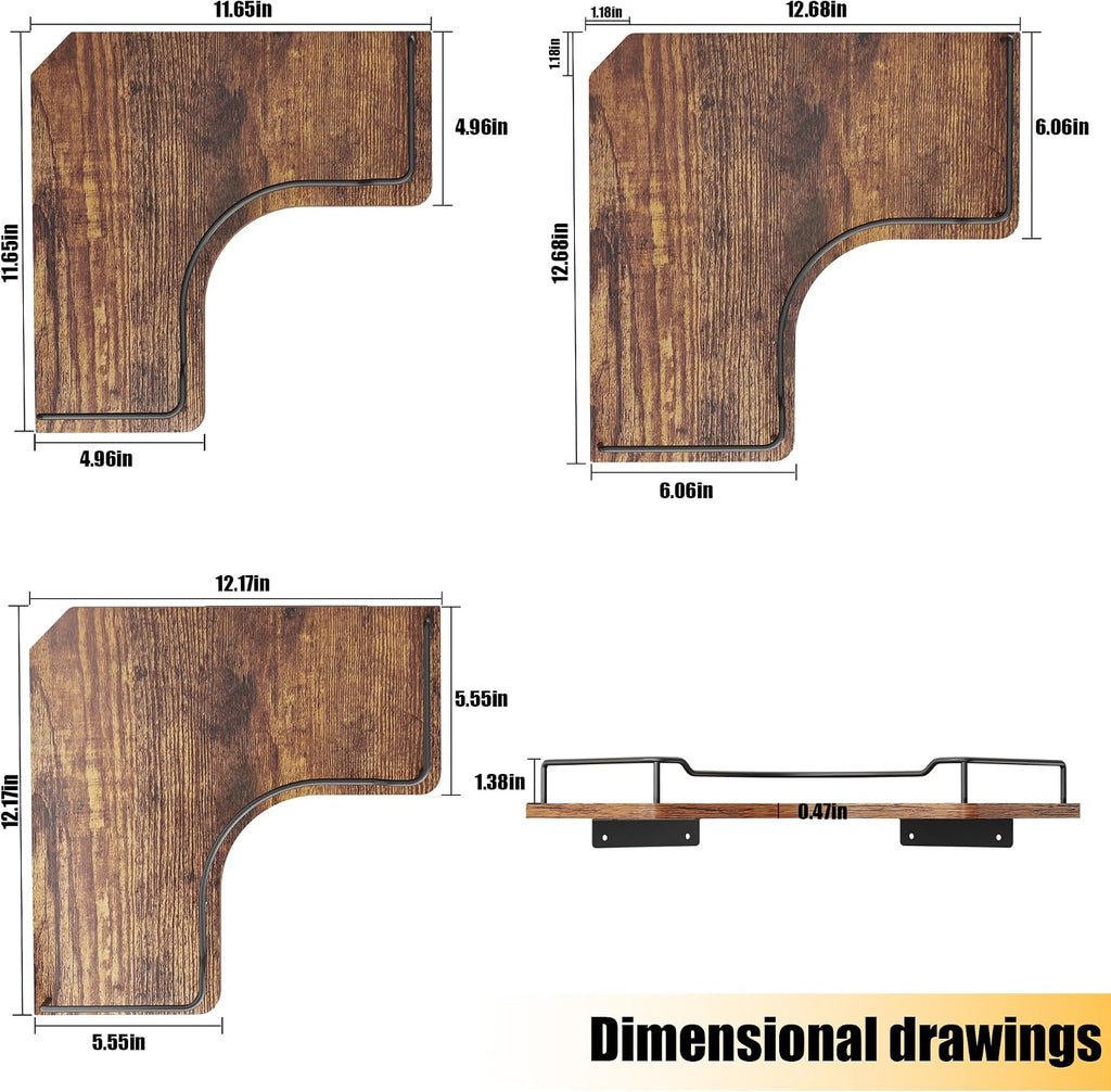 L-Shaped Corner Floating Shelves Set of 3,Rustic Wood Wall Mounted Storage Shelves,Display Shelf (Brown)