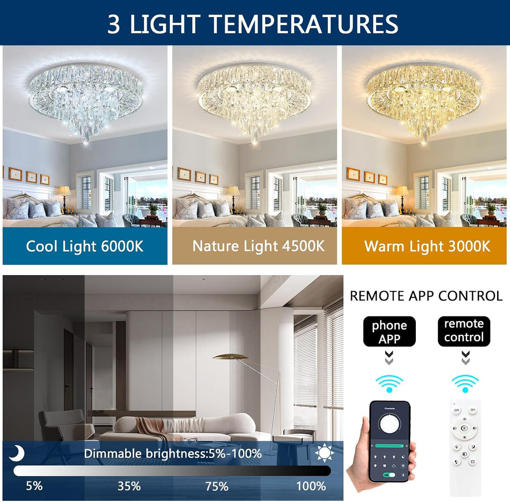 Modern Crystal Chandeliers for Dining Room LED Light Fixture Close to Ceiling Chandelier Flush Mount Ceiling Light