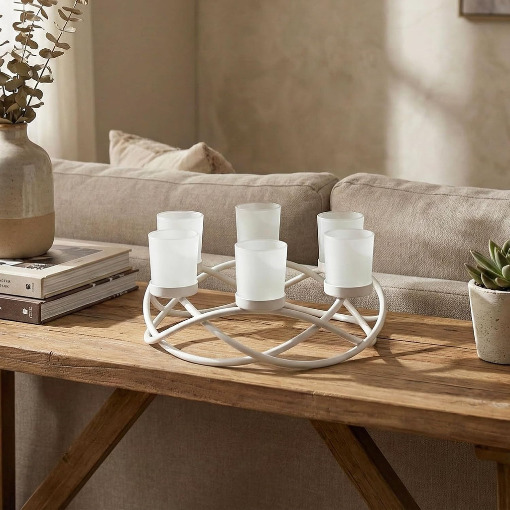 Tealight Candle Holder Centerpieces for Wedding Decor, White | Wedding & Event Centerpiece, Round Wrought Iron 6