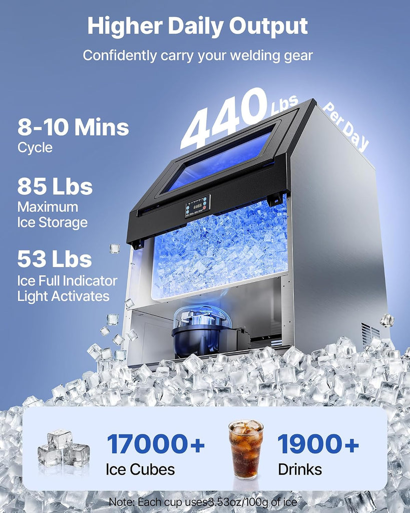 Commercial Ice Maker Machine, 440 lbs/24h with 85 lbs Storage Capacity, Built-in/Freestanding/Under Counter