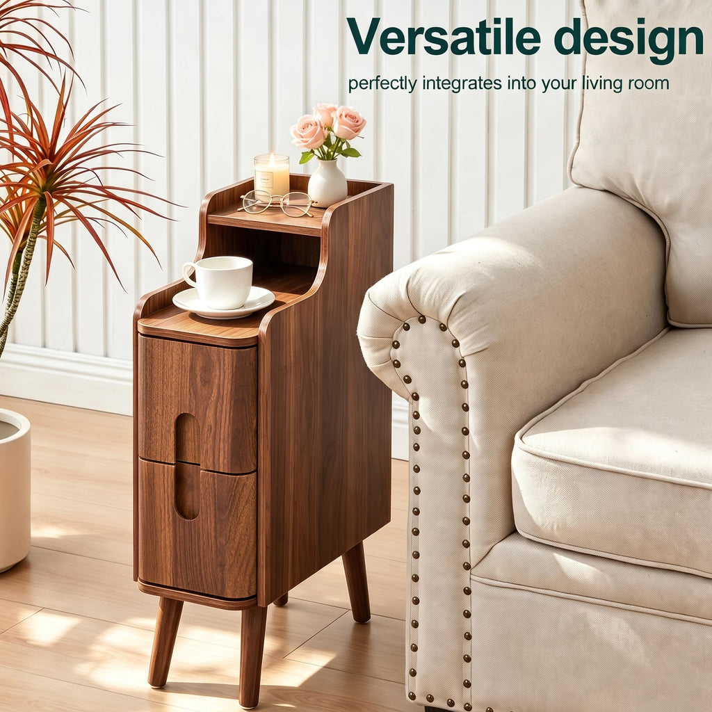 Narrow Nightstand, Wooden 2 Drawer, Walnut