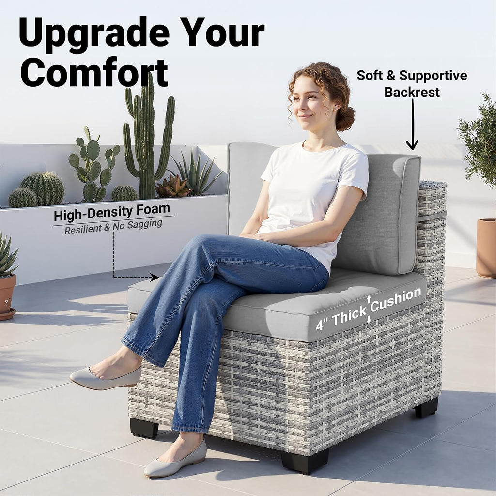 Outdoor PE Wicker Rattan Modular Patio Sectional Sofa Set | 9-Piece: 6 Modular Seats, Coffee Table & 2 Ottomans, Grey