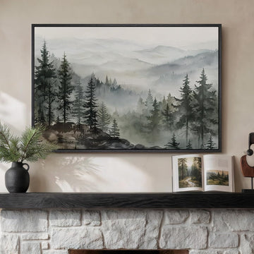 Framed Mountain Foggy Forest Landscape Wall Art, Horizontal Nature Watercolor Canvas Artwork for Walls, Misty Pine