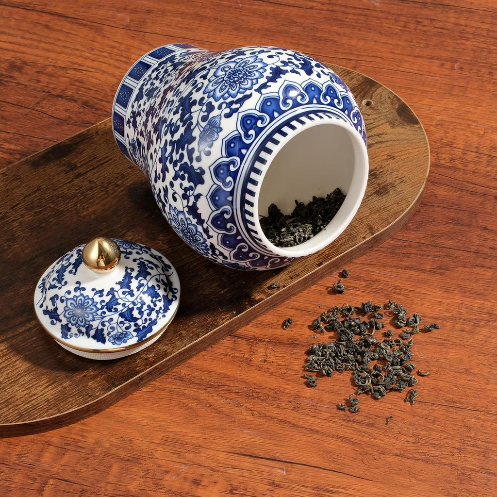 Blue and White Ginger Jar with Gilt Edges, Ceramic Ginger Jar with Lid, Exquisite Floral Patterns Chinoiserie Tea