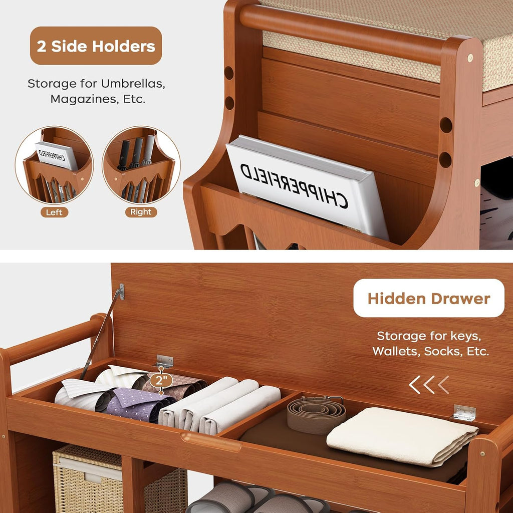 47.2in Shoe Bench Entryway - Bamboo Shoe Rack Bench with Storage, Shoe Rack Organizer with Cushion, 2 Side Holder