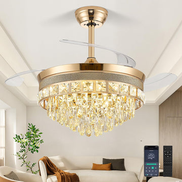 48 Inch Chandelier Ceiling Fans with Lights, Retractable Ceiling Fan with Lights, Crystal Fandelier Ceiling Fan