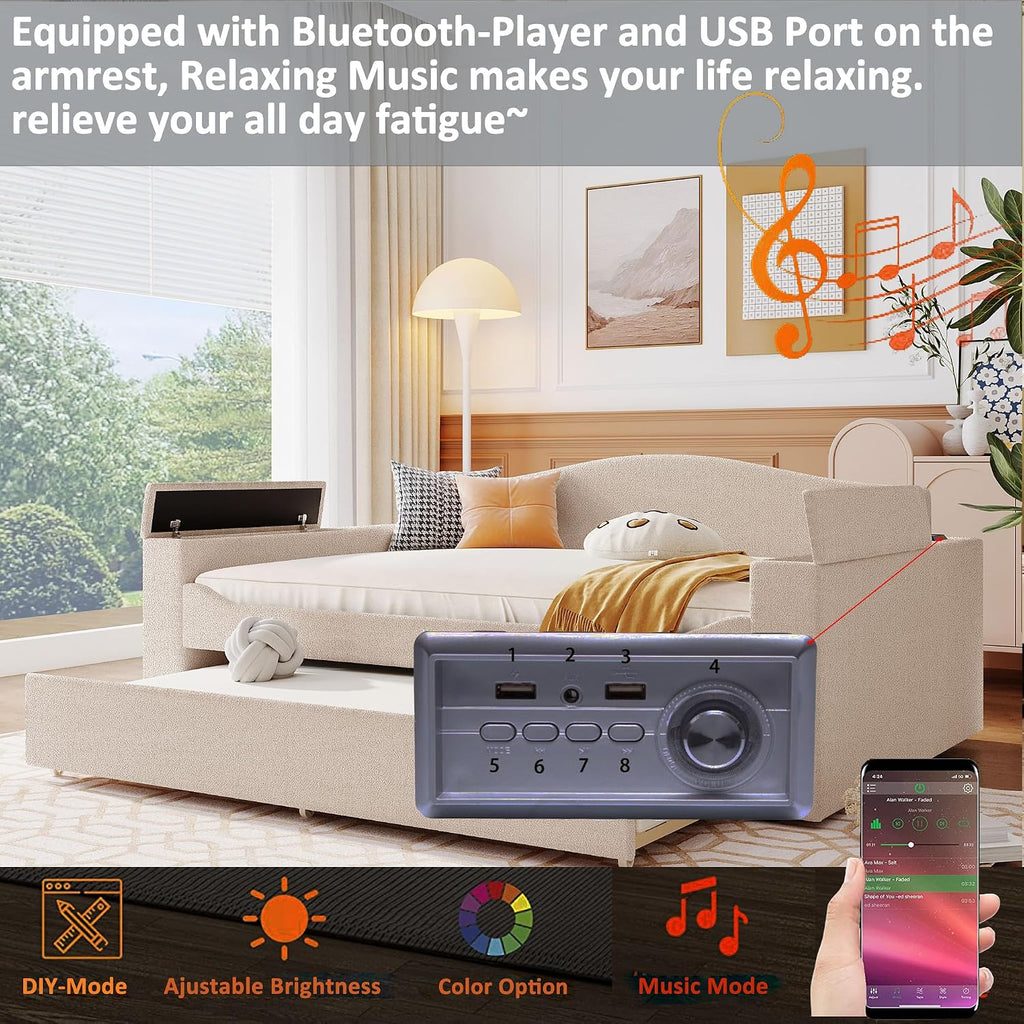 & Bright Designs Upholstered Daybed with Trundle, Full Size Day Bed Frame with Storage Armrests, USB Ports and