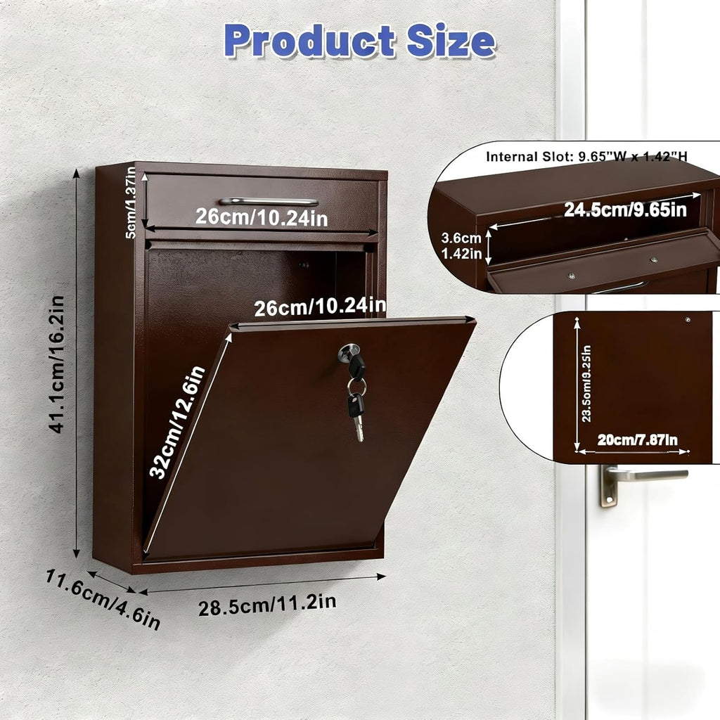 Steel Key Lock Mail Boxes Outdoor, Locking Wall Mount Mailbox, Security Lock Drop Box