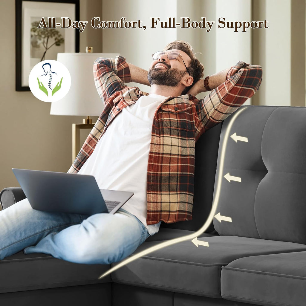 Sofas for Living Room, 83" Velvet Sectional Couch with Moveable Ottoman, Midcentury Modern Small Sectional Couch