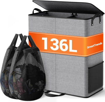 136L 2 Section Laundry Hamper with Lid, Laundry Basket, Gray | Large Laundry Hampers with Reinforced Handles &