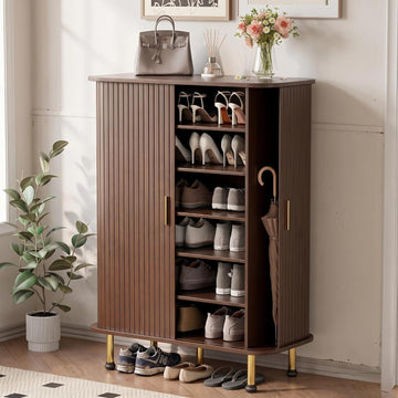 6-Tier 33'' Shoe Cabinet with Sliding Door, Wooden Shoe Storage Cabinet with Adjustable Shelves, Mid-Century Modern
