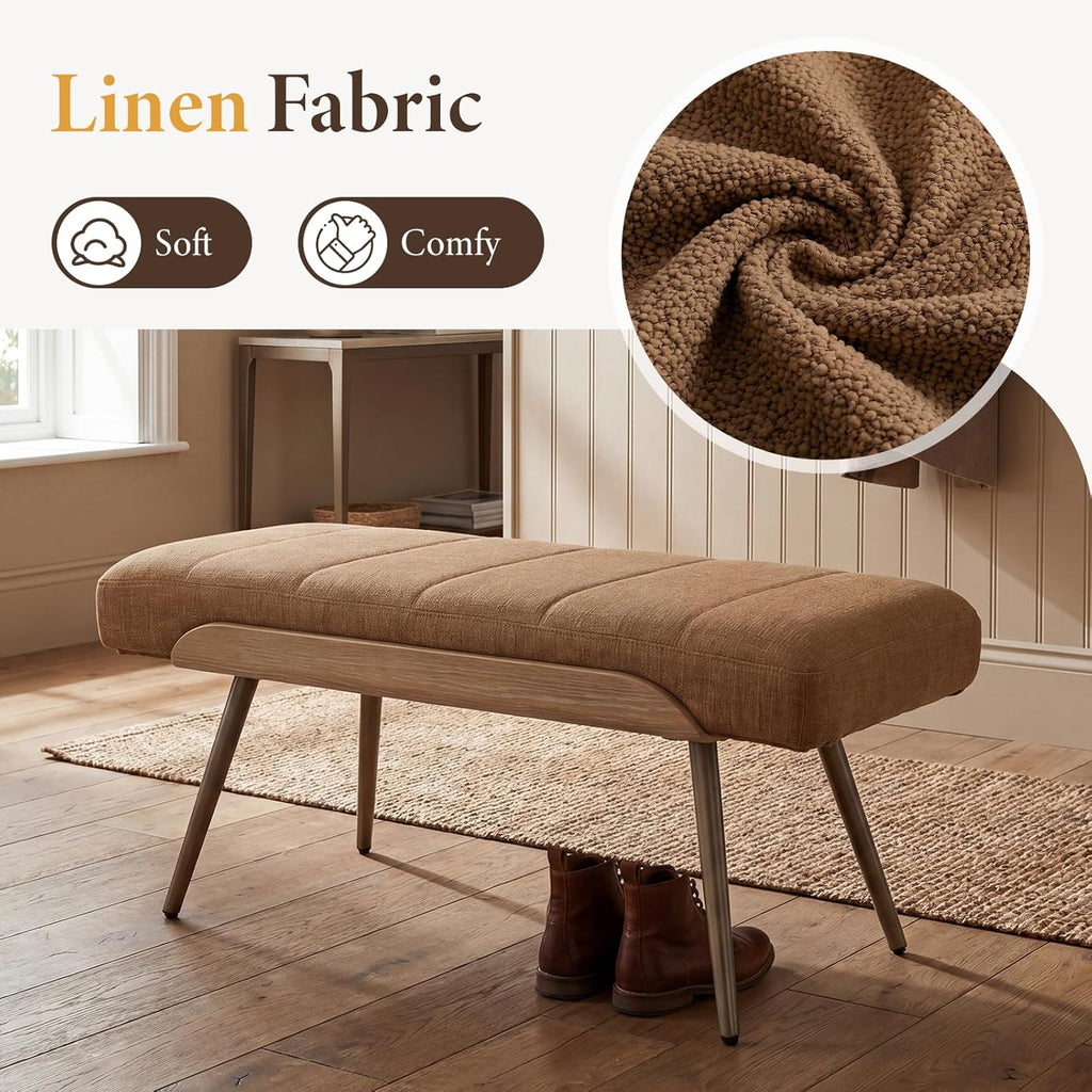 Mid-Century Modern Upholstered Bench, Channel Tufted Ottoman Bench with Solid Wood Trim and Bronze Metal Legs, 35.5"
