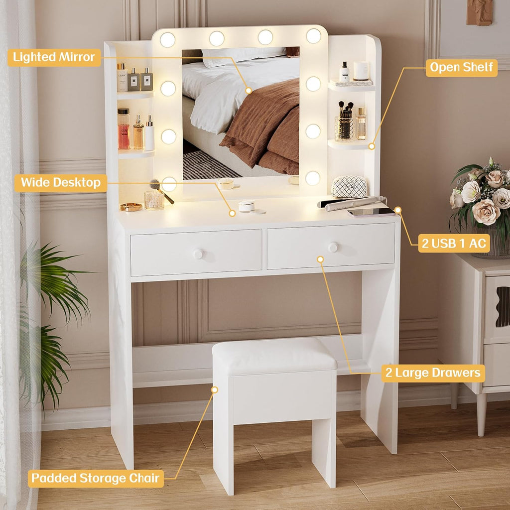 Makeup Vanity Desk with Lighted Mirror and Chair Set, White | 10 LED Light Bulbs, 3 Lighting Modes, Built-in Power