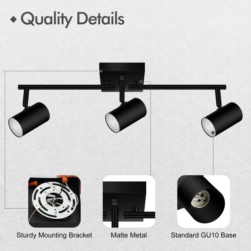3 Light Track Lighting Fixtures Ceiling, Black LED Track Lighting Kit, Modern Kitchen Track Lights with Rotatable