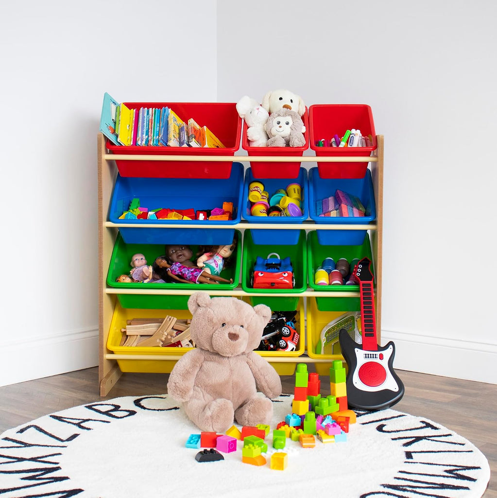 Kids' Toy Storage Organizer with 12 Plastic Bins, Natural/Primary, Model Number: WO560