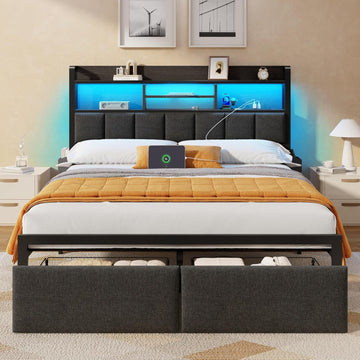 Queen Bed Frame with Storage Drawers, Upholstered Headboard with LED Light & Charging Station