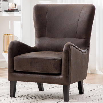 PU High Back Accent Chair Oversized, Retro Wingback Reading Armchair with Solid Wood Legs, Mid-Century Comfy Arm
