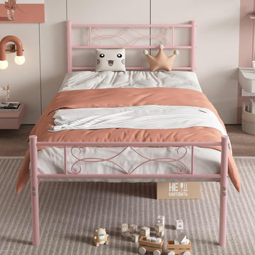 14" Twin Size Pink Metal Platform Bed Frame with Headboard for Kids,Premium Steel Slat Support/No Box Spring