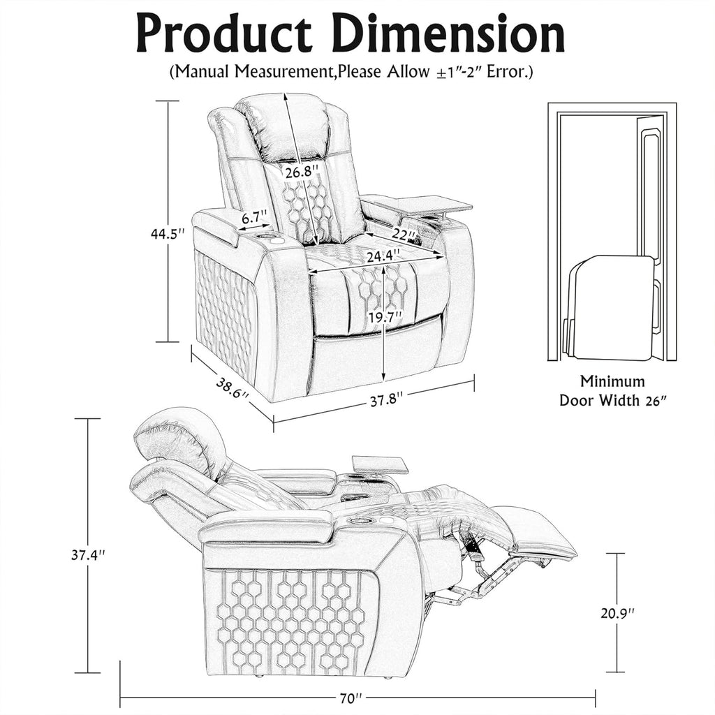 Home Theater Seating,Top-Grain Leather Recliner Sofa, Zero Gravity Power Reclining Couch with Ambient LED Lights