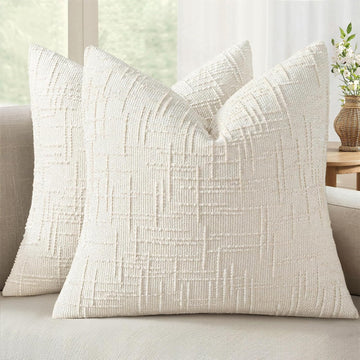 Textured Throw Pillow Covers Thick Chenille Decorative Pillows Cream White 18x18 Inch Set of 2 Modern Boho Farmhouse
