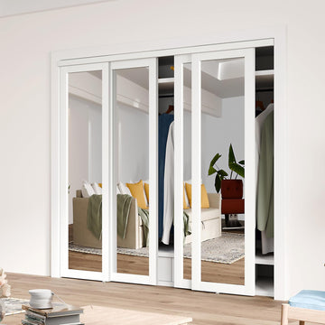 Double Sliding Closet Door, 96" x 80" (Double 48"), One Side Mirror, Complete Set with Hardware, Finished MDF, White - Ideal for Bedrooms, Closets
