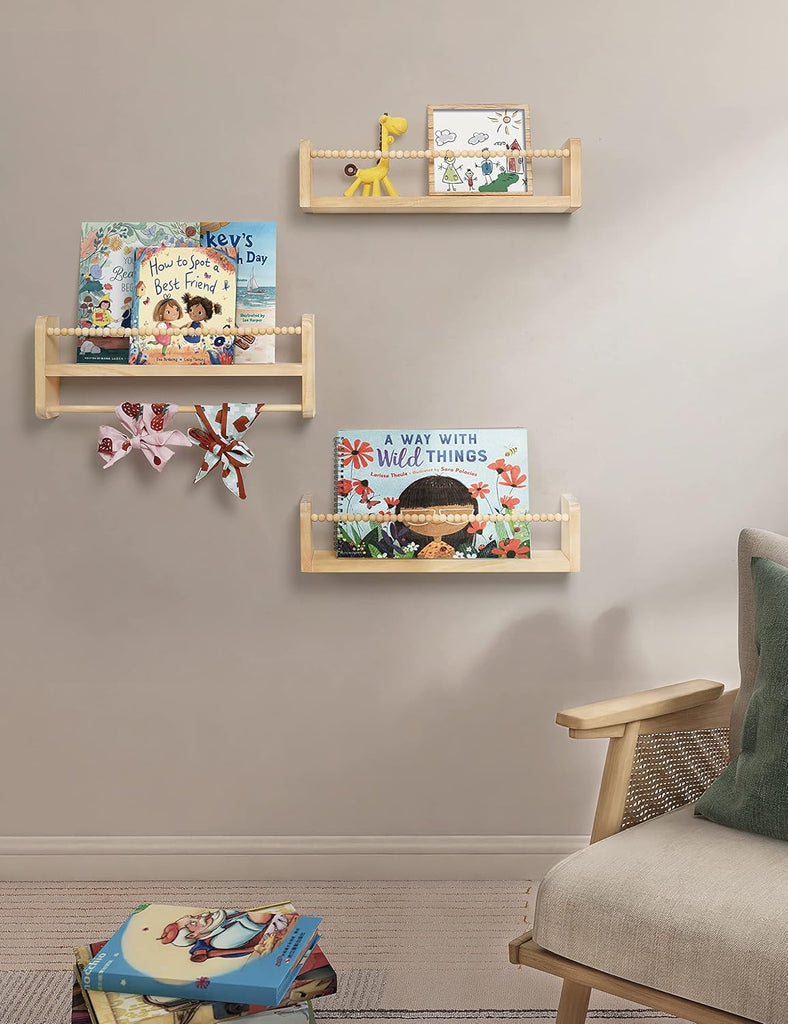 Nursery Shelves for Wall Set of 3, Natural Wood Floating Shelves | Kids Bookshelf with Towel Bar, Wall Mounted