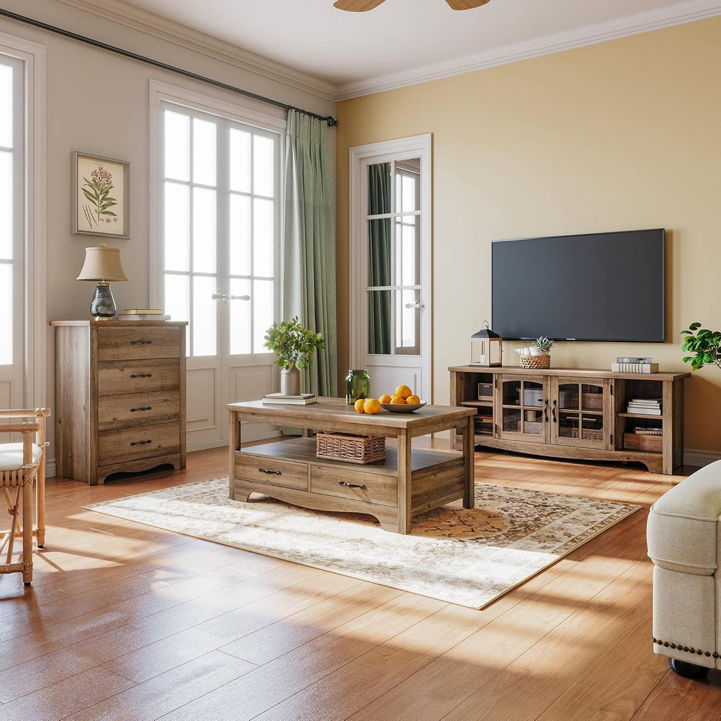 Farmhouse Coffee Table, Rectangle Coffee Table with Drawers, Rustic Wooden Coffee Tables with Storage, Center Table