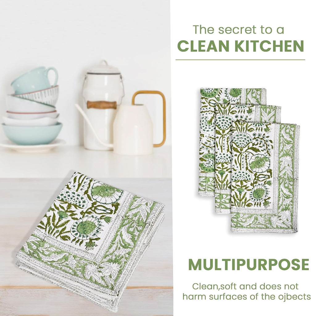 Agate Green Hand Block Print Waffle Kitchen Towel Set of 3-16 x 28 Inch Ultra Absorbent Quick Dry Cotton Dish