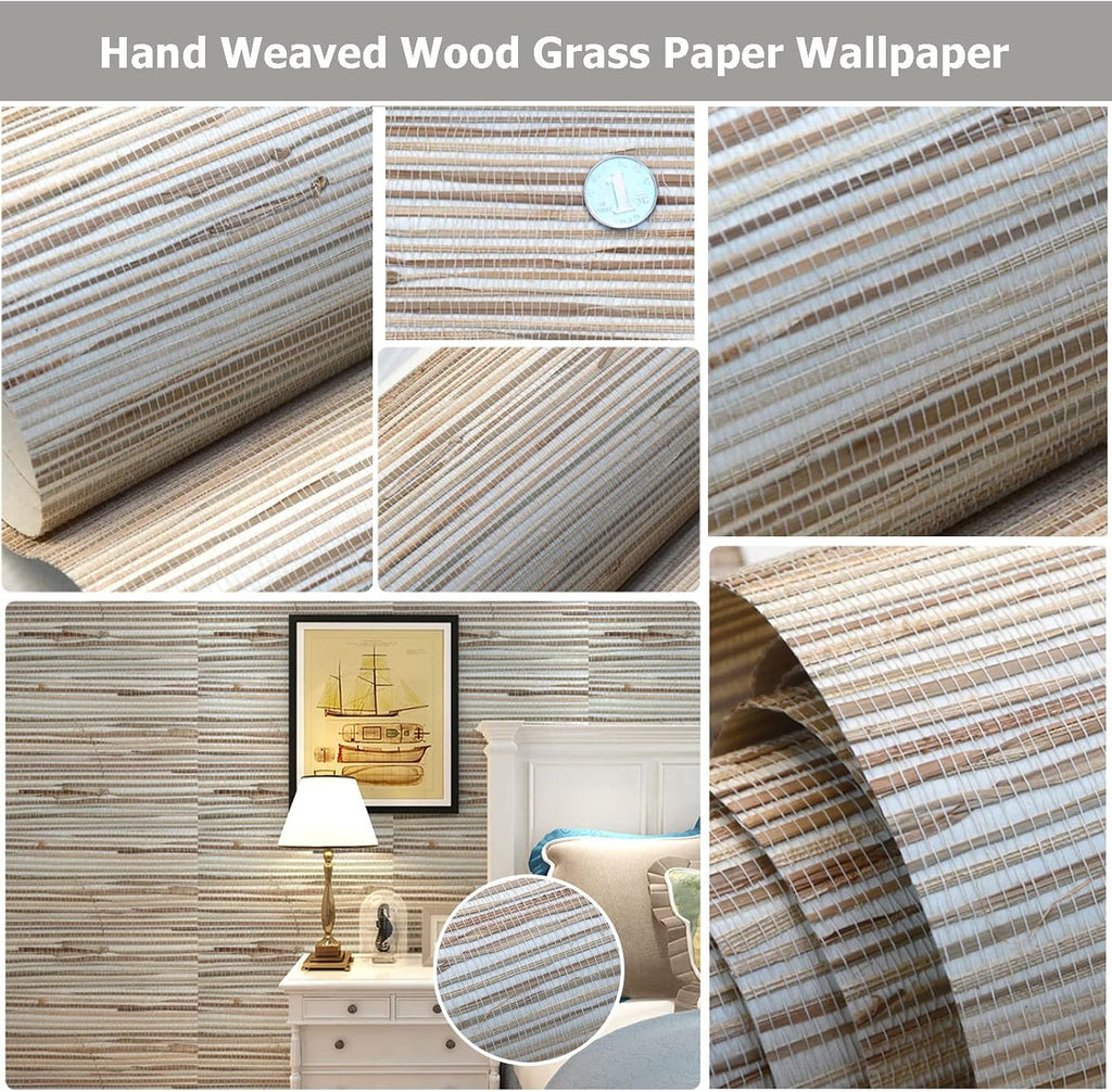 Grasscloth Wallpaper Textured Accent Wall Covering, Natural Grass Cloth Wallpaper Roll, Hand Weaved Wood Grass Paper