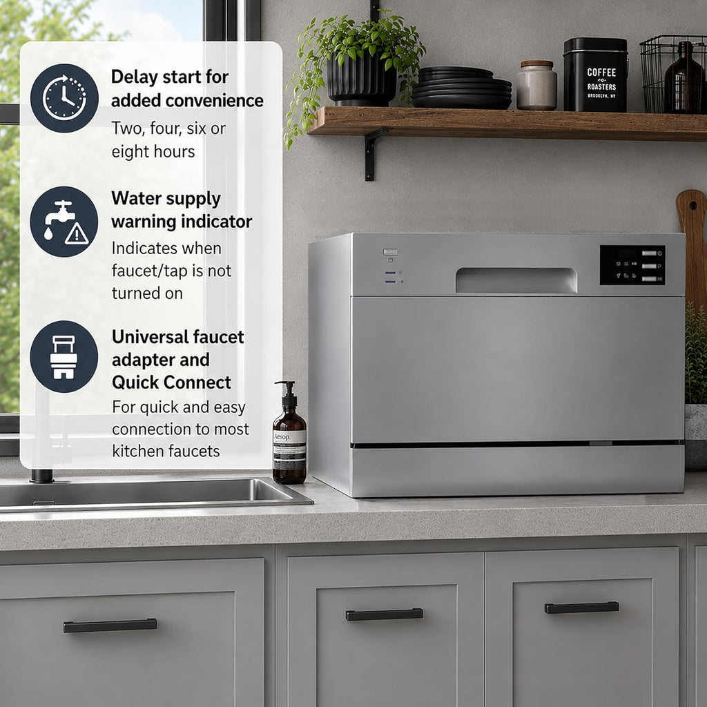 SD-2225DS Countertop Dishwasher with Delay Start & LED, Silver, Silver