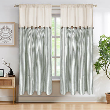 Cotton Linen Farmhouse Curtains Boho Rustic Button Curtain, Linen Window Curtain Panels Green Stripe Country Curtains
